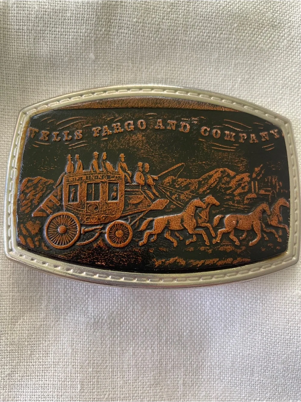 Vintage Wells Fargo Brown Leather-Effect Stagecoach Belt Buckle